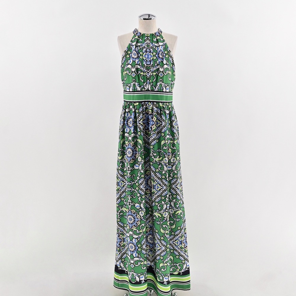 Jessica Howard Floral‎ Damask Halter Maxi Dress Size 10 Green Boho Sleeveless